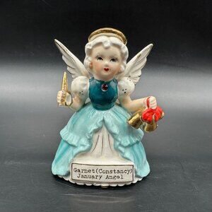 Vintage January Birthday Angel Girl Figurine Garnet Blue Red SR Japan Ceramic